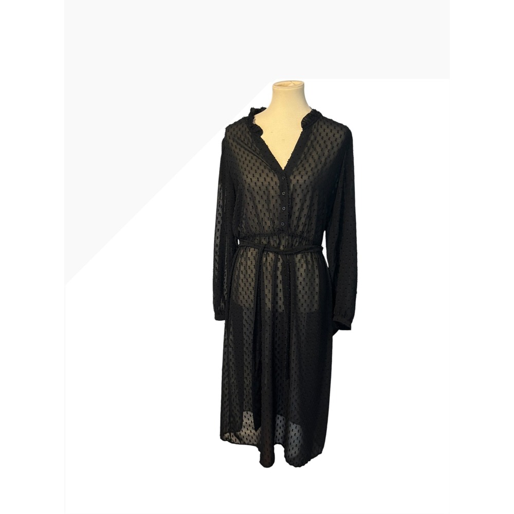 Banana Republic Black Sheer Clip Dot Midi Dress Ruffle Neck Tie‎ Waist Womens 12